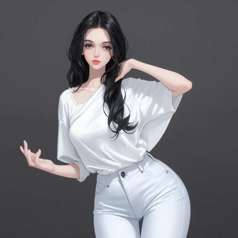 Beautiful woman , posing gracefully for a photo, white shirt, Attractive woman, voluptuous body, inverted triangle body style, Waist slender, jeans, cartoon-like, charming woman, black hair, white image background