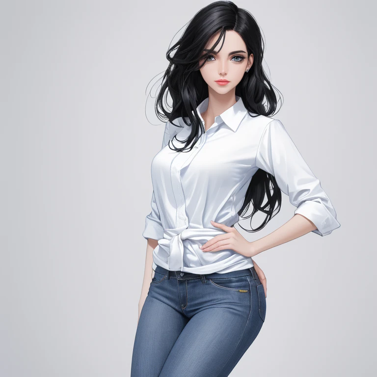 Beautiful woman , posing gracefully for a photo, white shirt, Attractive woman, voluptuous body, inverted triangle body style, Waist slender, jeans, cartoon-like, charming woman, black hair, white image background