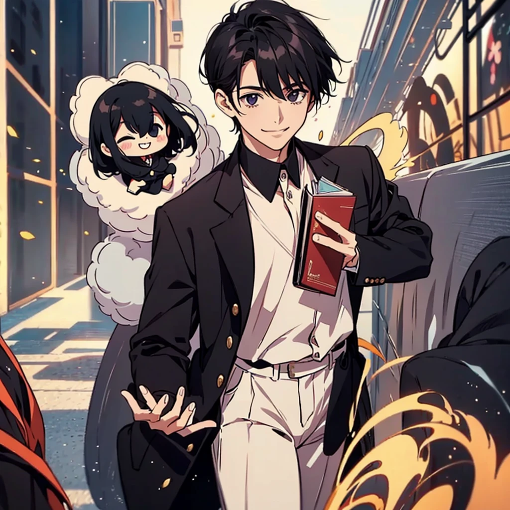 best quality , man , reading , chibi anime man , smile , black hair , suit , solo