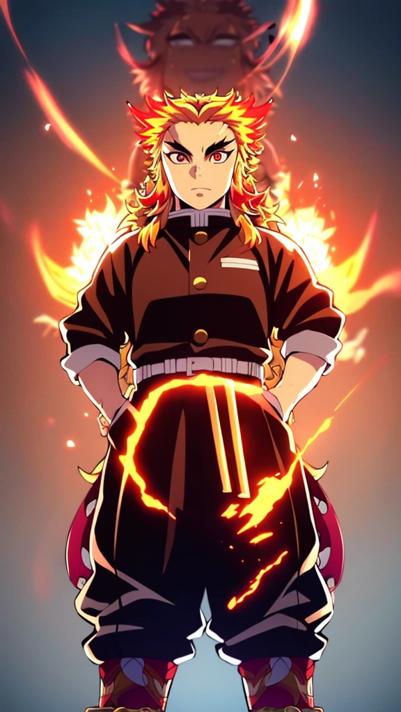 Male, Rengoku clan, wearing pilot goggles and haori with reverse flame design, light stubble on chin, standing at attention, hands in pockets, fully in frame, full body shot, facing viewer, lone figure, sole person, Demon Slayer style