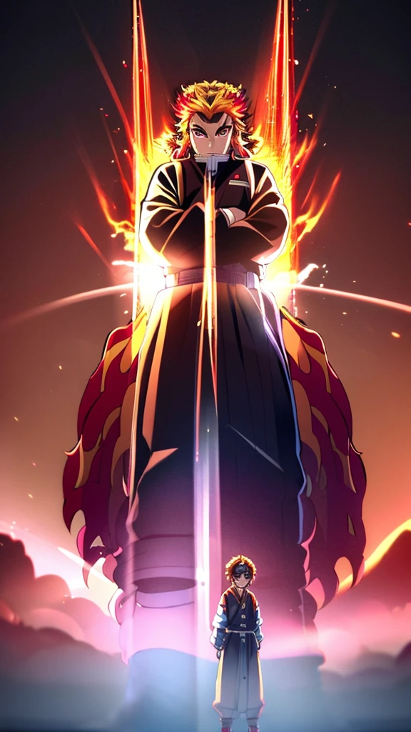 Male, Rengoku clan, wearing pilot goggles and haori with reverse flame design, light stubble on chin, standing at attention, hands in pockets, fully in frame, full body shot, facing viewer, lone figure, sole person, Demon Slayer style