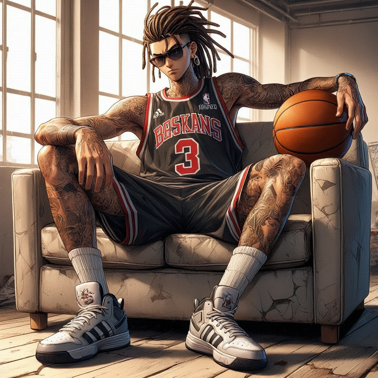 arafed man sitting on a couch with a basketball ball in his hand, wearing nba jersey, badass anime 8 k, basketball sneaker concept art, by Eddie Mendoza, amazing wallpaper, highly detailed character design, mobile wallpaper, 4 k manga wallpaper, high quality fanart, scence of slam dunk, highly detailed character, high quality anime artstyle, baki style
