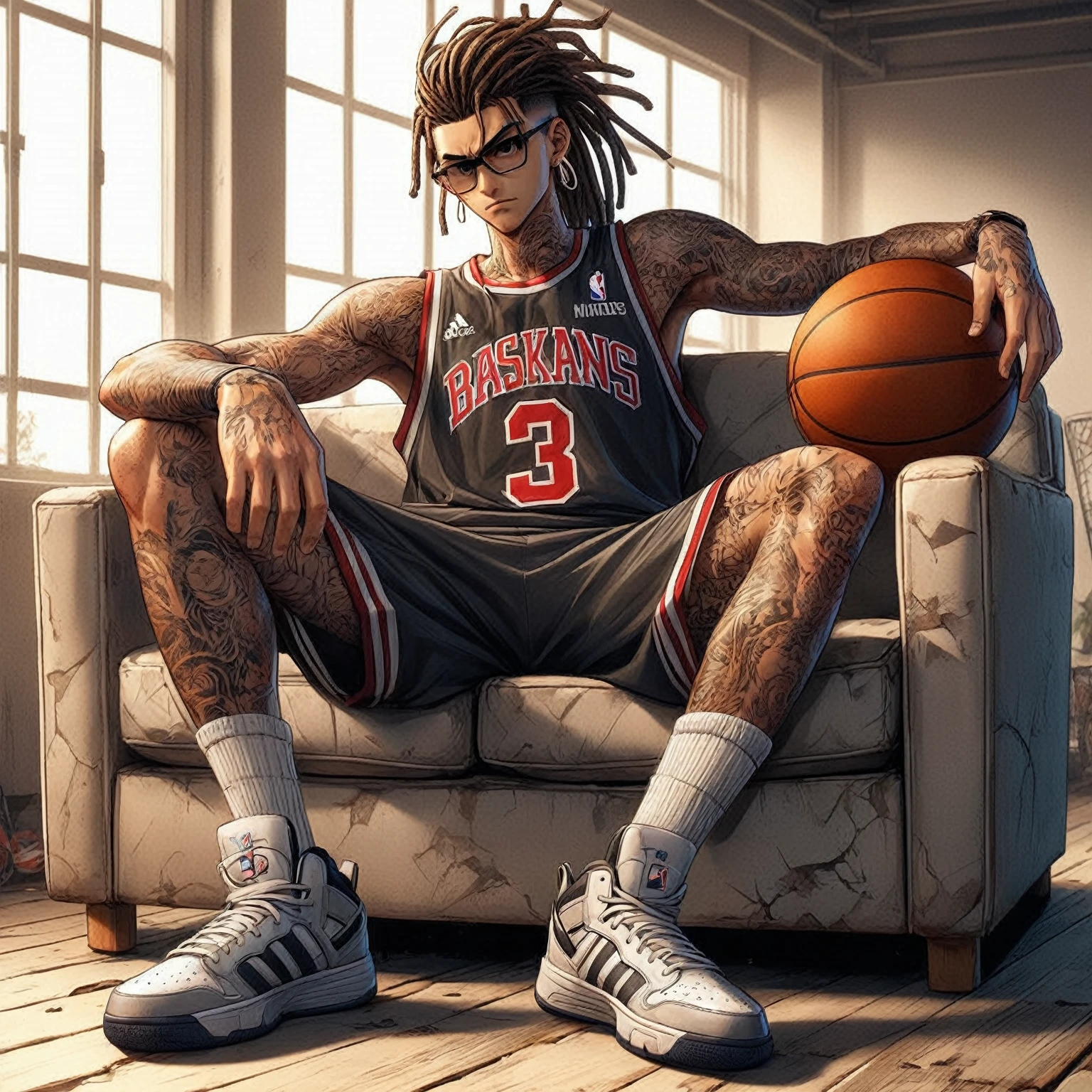 arafed man sitting on a couch with a basketball ball in his hand, wearing nba jersey, badass anime 8 k, basketball sneaker concept art, by Eddie Mendoza, amazing wallpaper, highly detailed character design, mobile wallpaper, 4 k manga wallpaper, high quality fanart, scence of slam dunk, highly detailed character, high quality anime artstyle, baki style