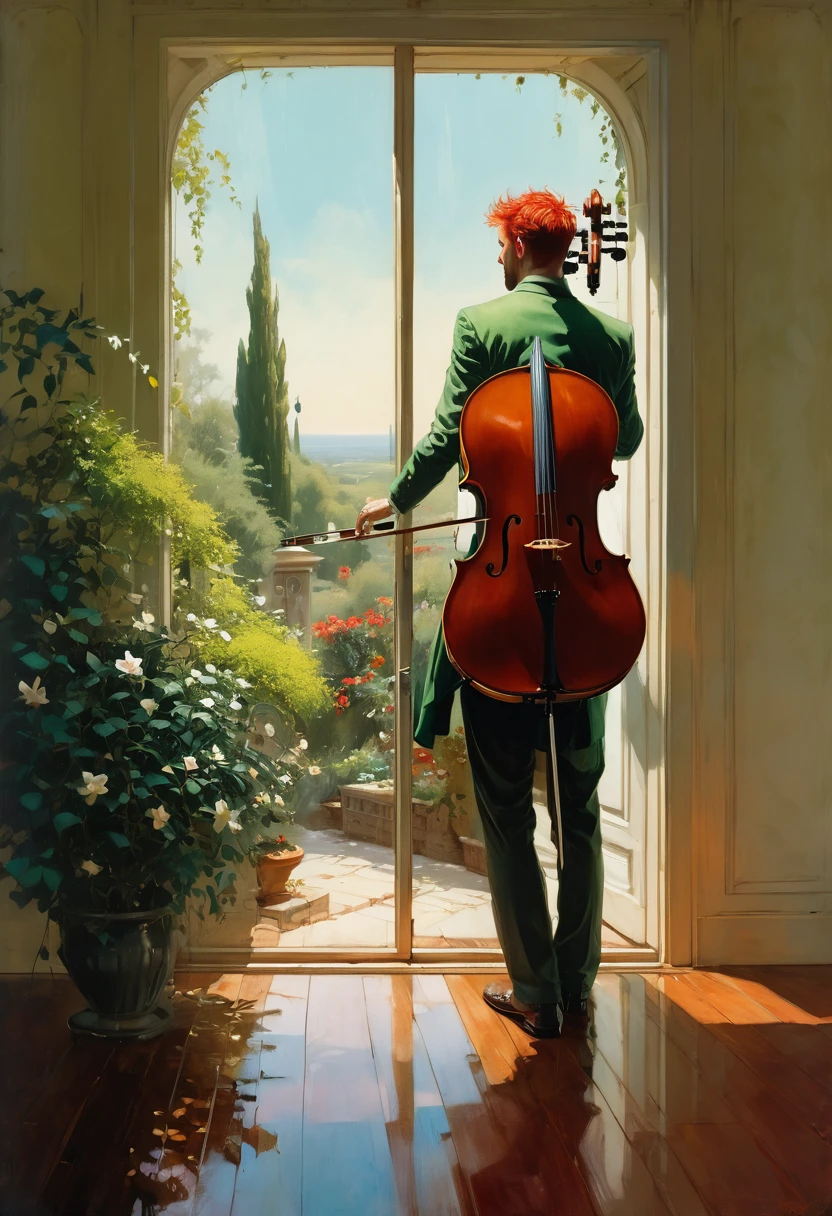  by Aaron Horkey and Jeremy Mann, masterpiece, best quality, Photorealistic, ultra-high resolution, photographic light, illustration by MSchiffer, fairytale, Hyper detailed, Minimalist scene, a Latin man looks out the window at a minimalist garden of jasmine of various colors, in the garden there is a red-haired man playing a high-chroma green cello