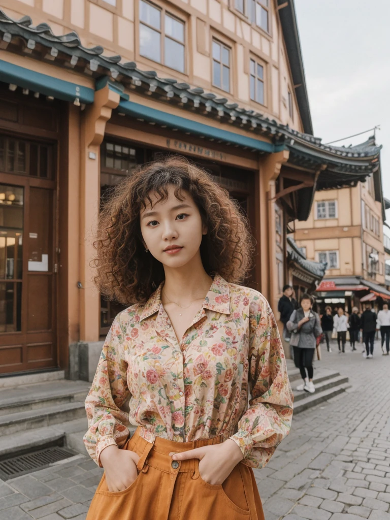 her name is Asako, high quality, 1girl, ((20-year-old fit Caucasian woman)), ((20 years old)), ((slim)), ((Korean Perm)), pose: standing, wearing trendsetting Generation-Z modern wear different colored, BACKGROUND: "In the Old Town Market Place, with its reconstructed colorful facades and bustling cafés."