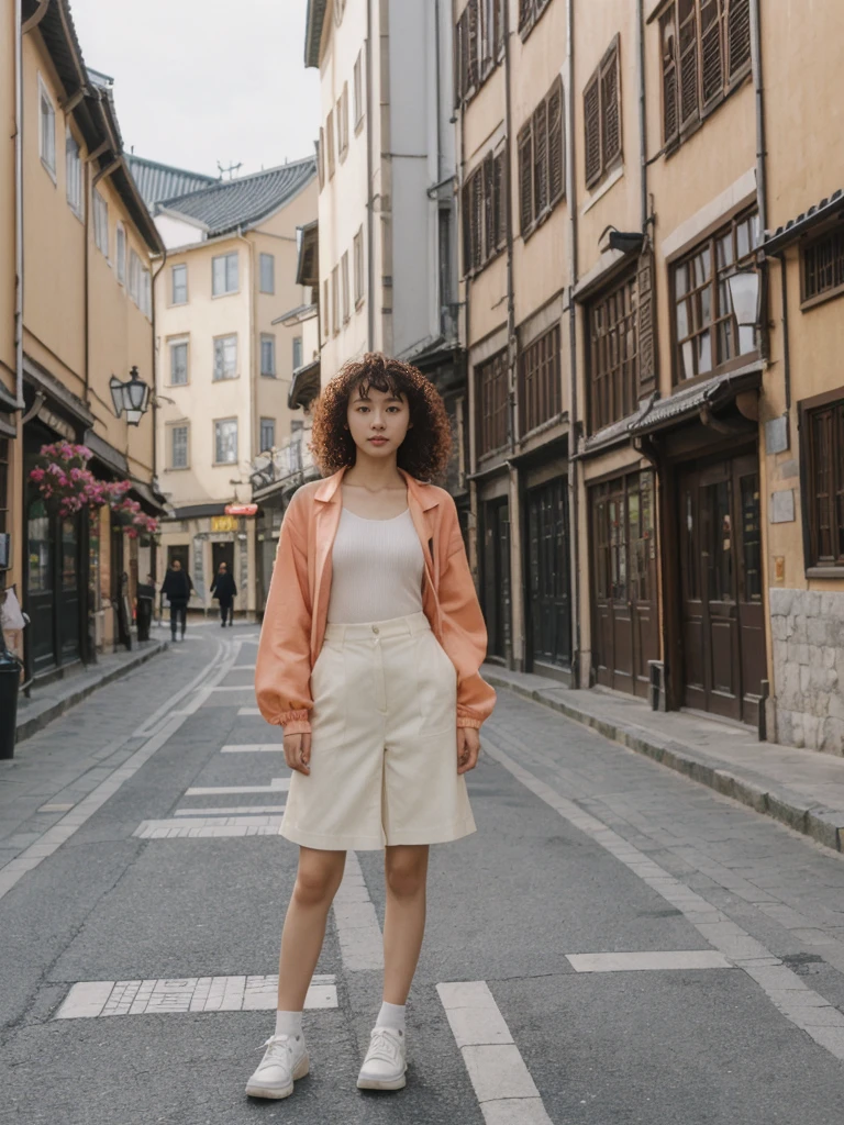 her name is Asako, high quality, 1girl, ((20-year-old fit Caucasian woman)), ((20 years old)), ((slim)), ((Korean Perm)), pose: standing, wearing trendsetting Generation-Z modern wear different colored, BACKGROUND: "In the Old Town Market Place, with its reconstructed colorful facades and bustling cafés."