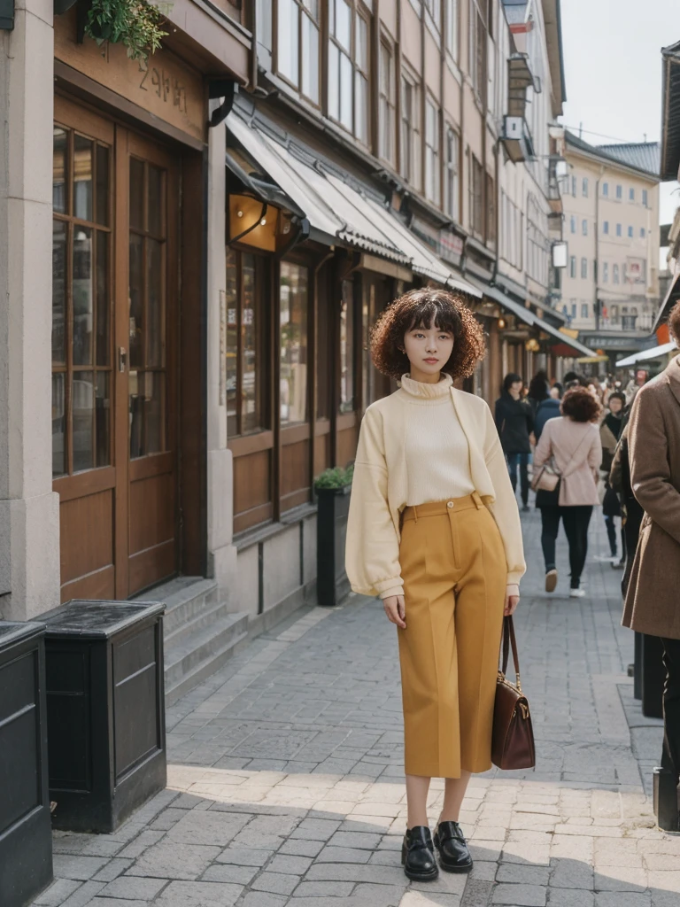 her name is Asako, high quality, 1girl, ((20-year-old fit Caucasian woman)), ((20 years old)), ((slim)), ((Korean Perm)), pose: standing, wearing trendsetting Generation-Z modern wear different colored, BACKGROUND: "In the Old Town Market Place, with its reconstructed colorful facades and bustling cafés."