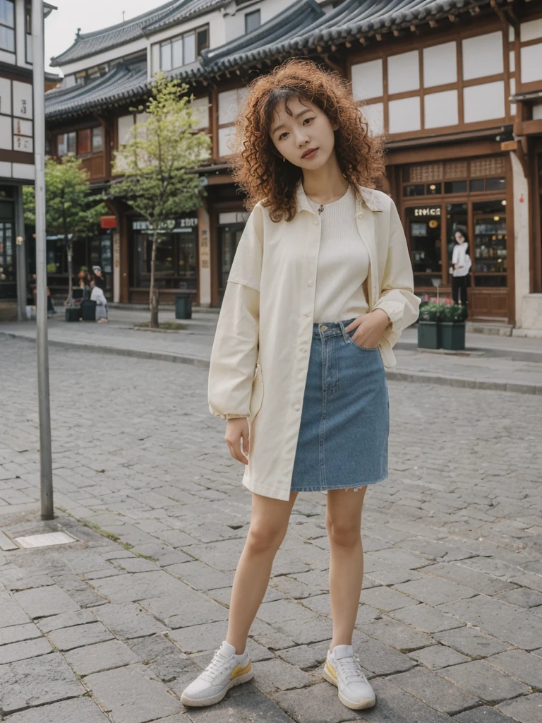 her name is Asako, high quality, 1girl, ((20-year-old fit Caucasian woman)), ((20 years old)), ((slim)), ((Korean Perm)), pose: standing, wearing trendsetting Generation-Z modern wear different colored, BACKGROUND: "In the Old Town Market Place, with its reconstructed colorful facades and bustling cafés."