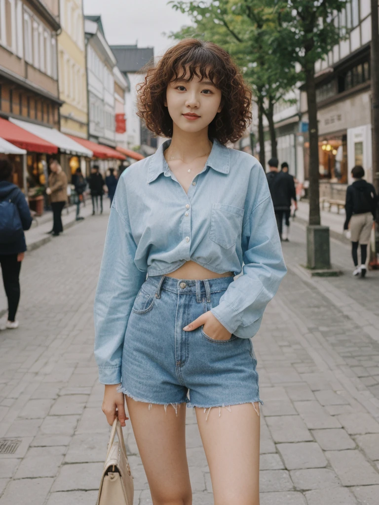 her name is Asako, high quality, 1girl, ((20-year-old fit Caucasian woman)), ((20 years old)), ((slim)), ((Korean Perm)), pose: standing, wearing trendsetting Generation-Z modern wear different colored, BACKGROUND: "In the Old Town Market Place, with its reconstructed colorful facades and bustling cafés."