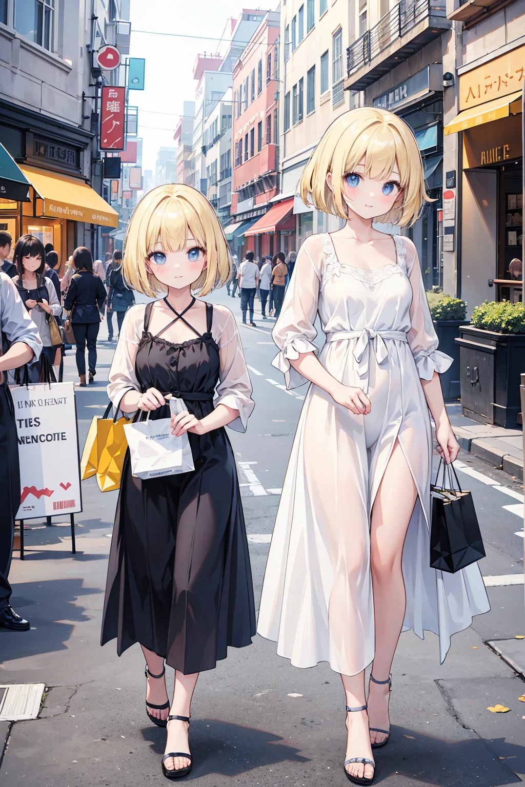 Photorealistic、Highest quality、Highest Resolution、Highest quality、8K、1人のBeautiful woman、Beautiful woman、Beautiful woman、Bob Cut Hair、Blonde、Casual Style、Walking around the city、shopping、looks fun