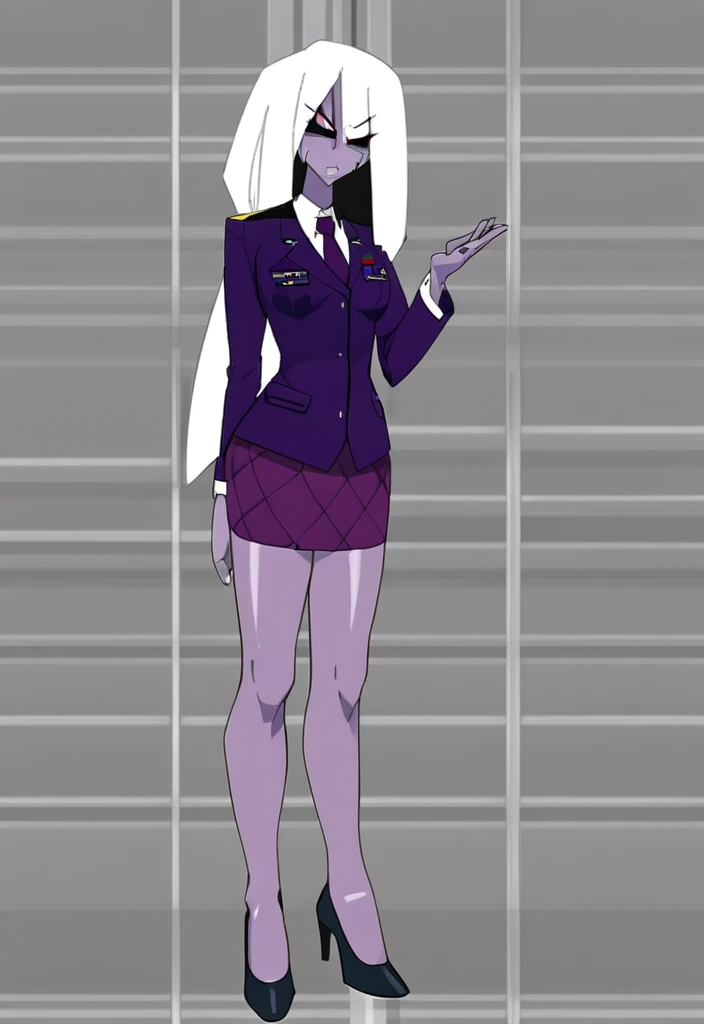 Make a evil military black anime woman in a purple skirt suit witha tie on full body