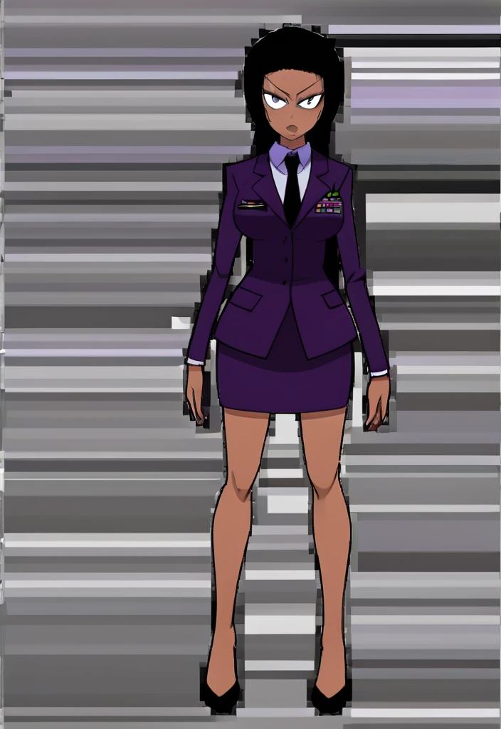 Make a evil military black anime woman in a purple skirt suit witha tie on full body