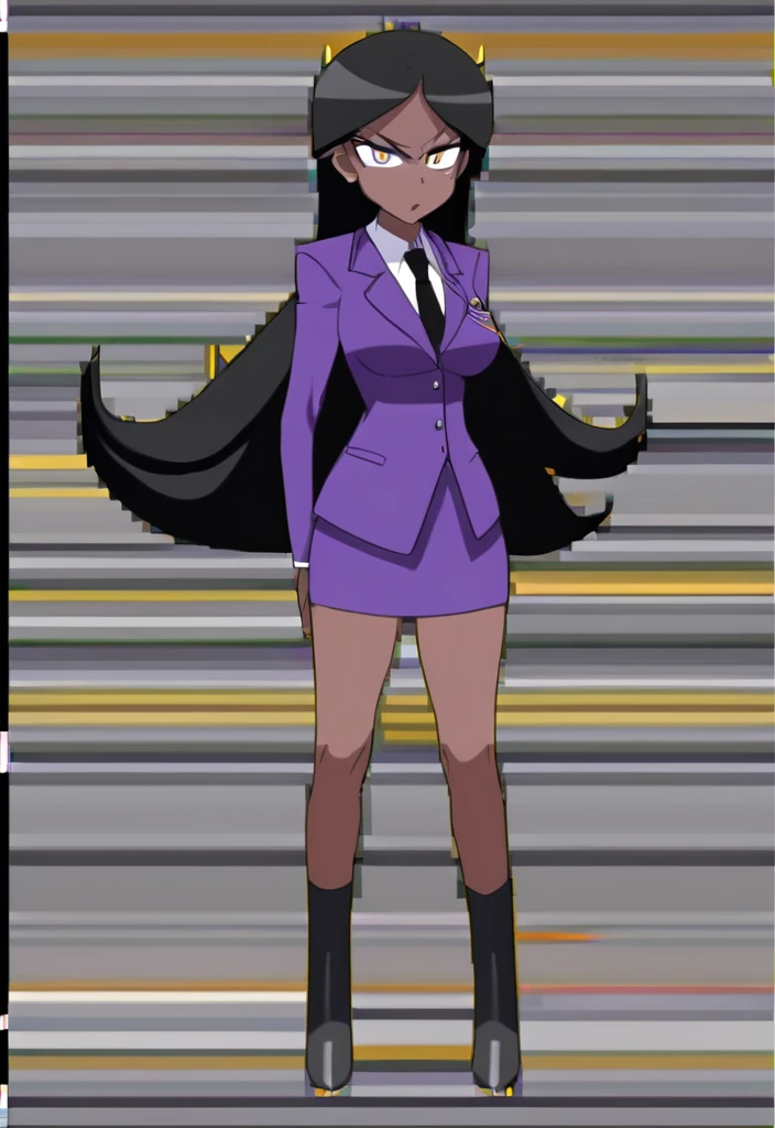 Make a evil military black anime woman in a purple skirt suit witha tie on full body