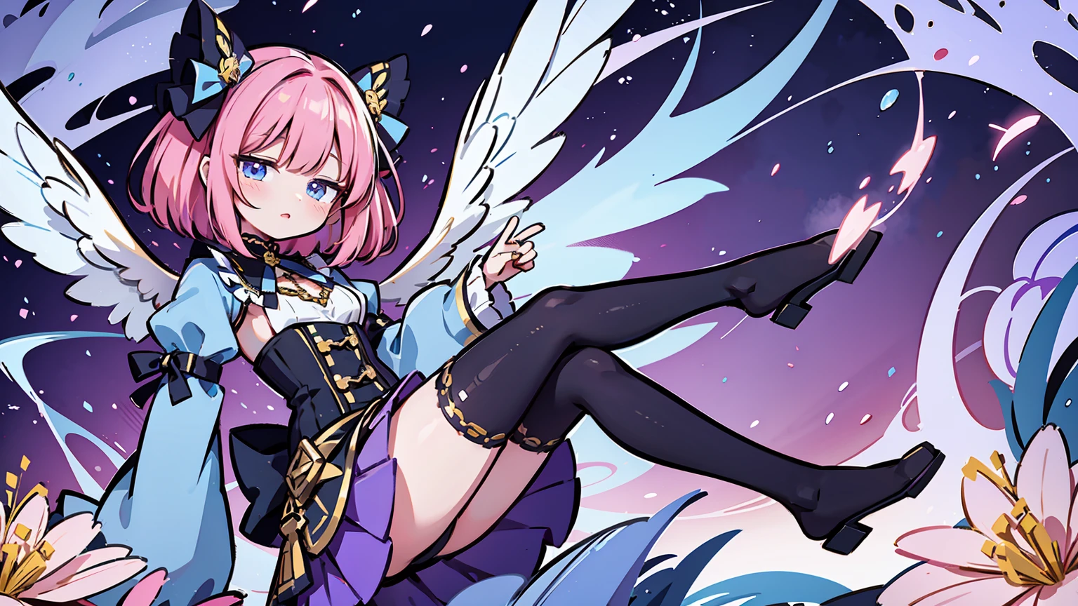 ( high quality , Super detailed, Watch your hands )This character is a beautifully designed anime-like character with delicate features. She has long, pastel pink hair that flows down to her ankles, with bangs swept to the side. Her eyes are large and expressive, with pink irises, which are commonly seen in anime-style characters. She is wearing a fantasy-inspired outfit that combines purple and black colors with gold accents. The outfit includes a form-fitting bodice with a high collar, frills, lace details, and thigh-high stockings with ribbon lacing. The character is adorned with ribbon-like accessories, such as a large bow in her hair and smaller bows on her outfit. She also has gold chains hanging from her waist and thigh. Her pose is playful, with one leg lifted slightly and a finger held to her lips, suggesting a secret or silence. Additionally, she has two elaborate wings, possibly mechanical or magical in nature, with multiple segments and a circular design near the base. The character is depicted in a vibrant scene with flowers matching her hair color, patches of grass, and a gemstone on the ground, creating a whimsical and otherworldly atmosphere.Chibi Character,Hands are hidden in sleeves