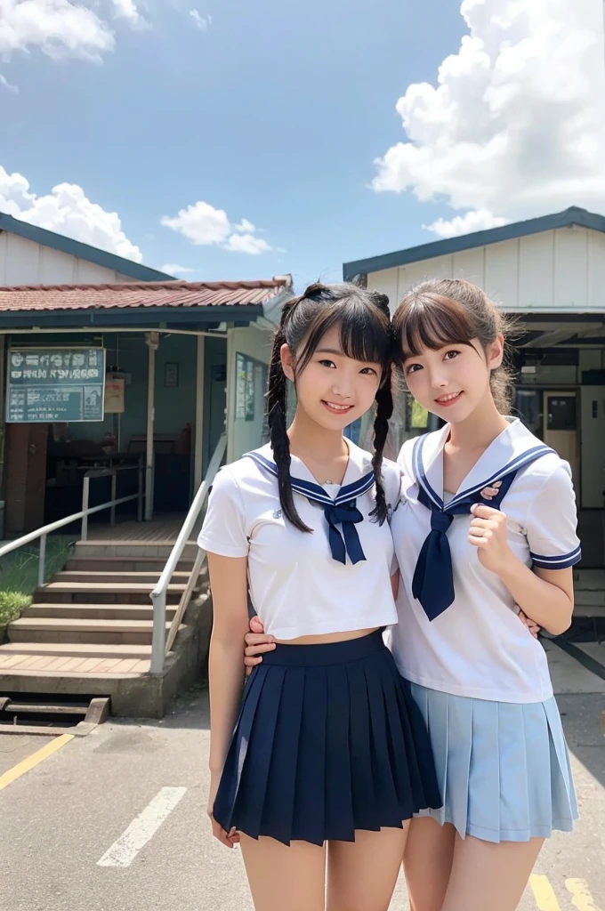 2 girls in rural seaside railway station,cumulonimbus cloud in summer sky,sailor shirt,navy blue pleated micro mini skirt,white panties,18-year-old,bangs,a little smile,thighs,knees,short hair with low pigtails bunches,from below,front light