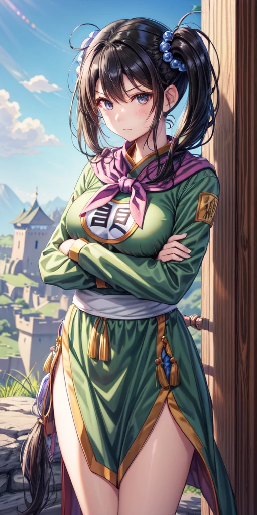 masterpiece, best quality, 4k, 8k, fighter (dq3), 1girl, solo, long hair, twintails, looking at viewer, black hair, hair ornament, long sleeves, dress, medium breasts, closed mouth, cowboy shot, black eyes, chinese clothes, hair bobbles, clenched hand, crossed arms, Feet Apart, Ancient Castle