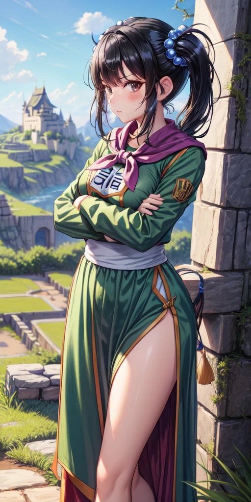 masterpiece, best quality, 4k, 8k, fighter (dq3), 1girl, solo, long hair, twintails, looking at viewer, black hair, hair ornament, long sleeves, dress, medium breasts, closed mouth, cowboy shot, black eyes, chinese clothes, hair bobbles, clenched hand, crossed arms, Feet Apart, Ancient Castle