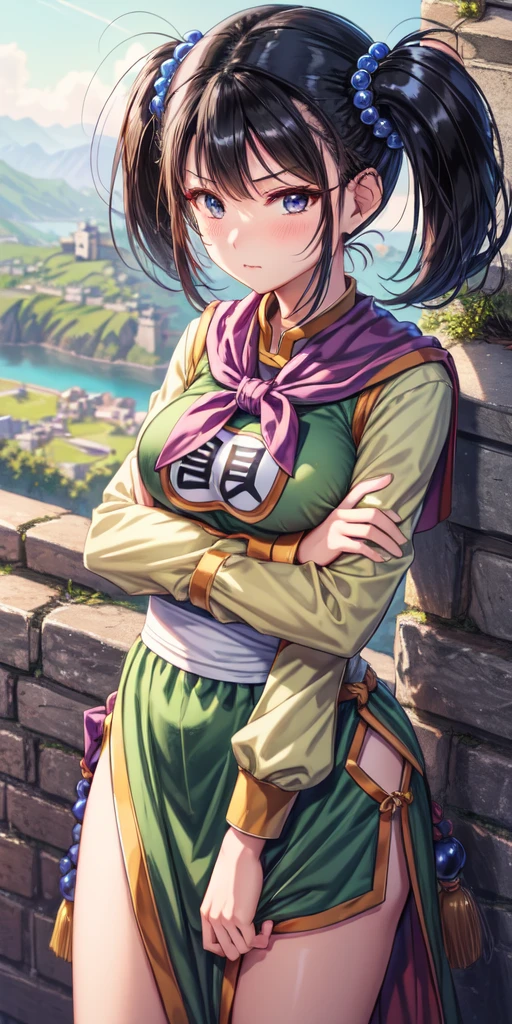 masterpiece, best quality, 4k, 8k, fighter (dq3), 1girl, solo, long hair, twintails, looking at viewer, black hair, hair ornament, long sleeves, dress, medium breasts, closed mouth, cowboy shot, black eyes, chinese clothes, hair bobbles, clenched hand, crossed arms, Feet Apart, Ancient Castle