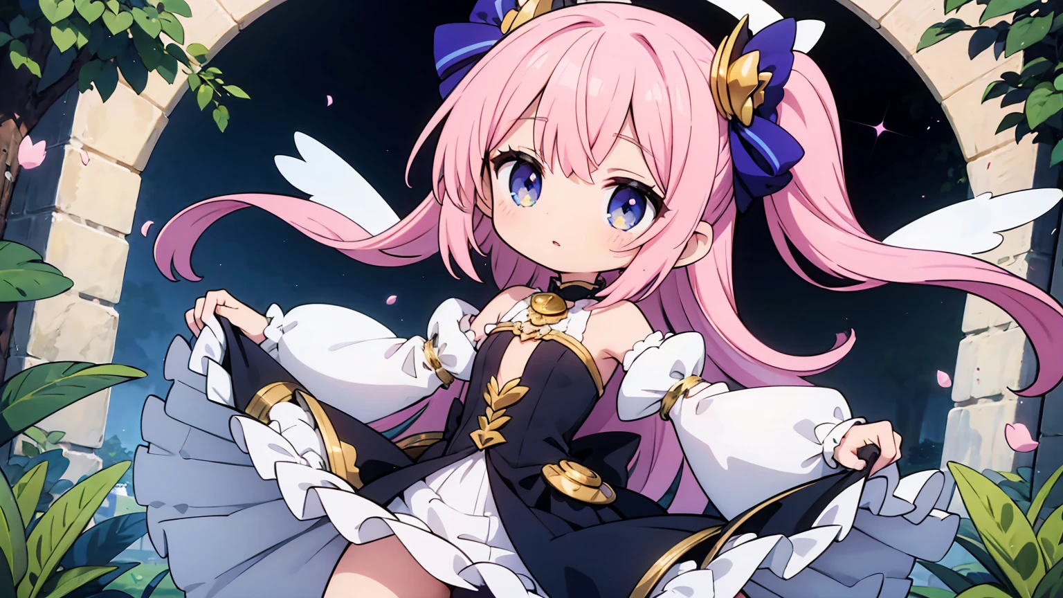 ( high quality , Super detailed, Watch your hands )This character is a beautifully designed anime-like character with delicate features. She has long, pastel pink hair that flows down to her ankles, with bangs swept to the side. Her eyes are large and expressive, with pink irises, which are commonly seen in anime-style characters. She is wearing a fantasy-inspired outfit that combines purple and black colors with gold accents. The outfit includes a form-fitting bodice with a high collar, frills, lace details, and thigh-high stockings with ribbon lacing. The character is adorned with ribbon-like accessories, such as a large bow in her hair and smaller bows on her outfit. She also has gold chains hanging from her waist and thigh. Her pose is playful, with one leg lifted slightly and a finger held to her lips, suggesting a secret or silence. Additionally, she has two elaborate wings, possibly mechanical or magical in nature, with multiple segments and a circular design near the base. The character is depicted in a vibrant scene with flowers matching her hair color, patches of grass, and a gemstone on the ground, creating a whimsical and otherworldly atmosphere.Chibi Character,Hands are hidden in sleeves