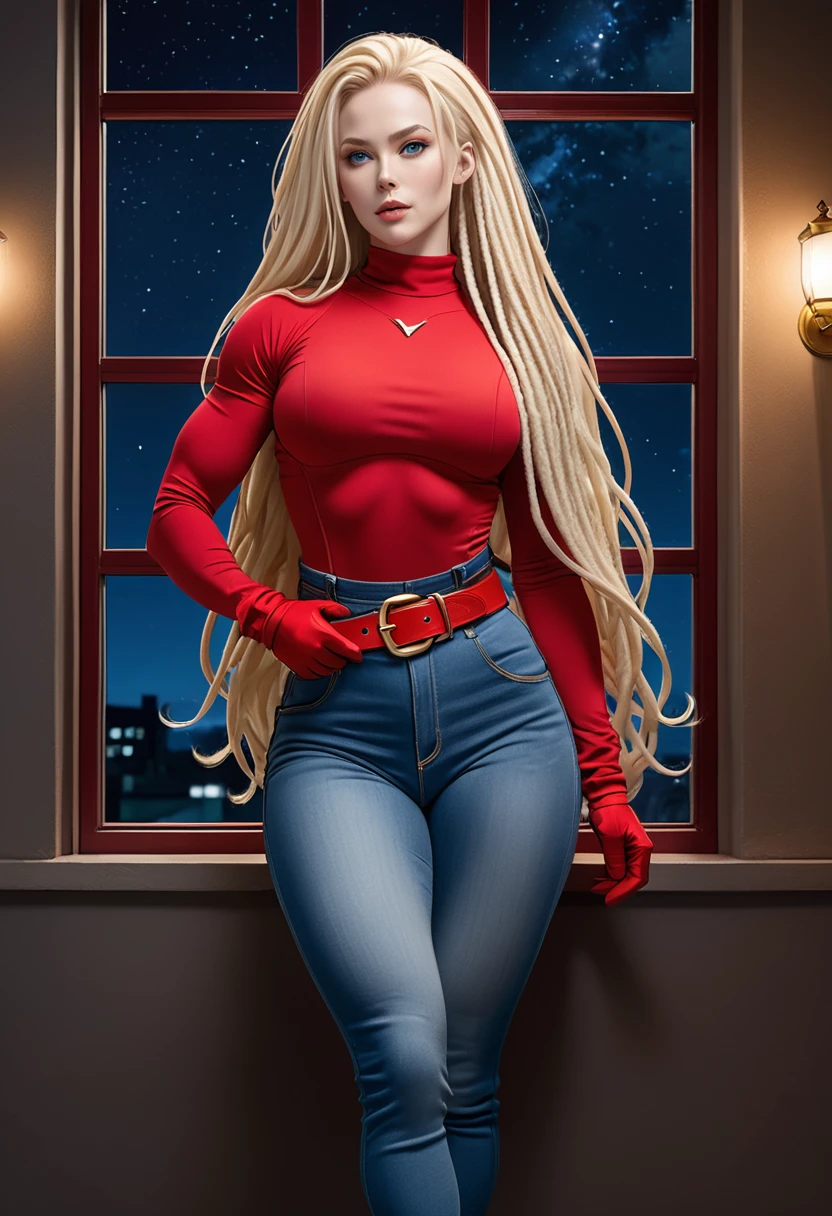 BOMBSHELL BLONDE WOMAN, WARRIOR FEMALE ON BLUE JEANS JUMPSUIT, VERY PALE SKIN, BLUE EYES, HIGH CHEEKBONES, ROSY CHEEKS, MENTAL FORAMEN, HUGE LONG BLONDE HAIR, DREAD HAIRSTYLE, LONG JEANS DREADS ON LONG BLONDE HAIR,  LEOTARD, RED LONG SLEEVES SHIRT, JEANS , NECK , RED GLOVES, RED BELT, GOLD BUCKLE, RED CONVERSE ALL STAR SHOES, ATHLETIC CURVY BODY, DETAILED QUADRICEPS, THICK THIGHS, MUSCLES, SIDE BODY VIEW, FULL BODY PERSPECTIVE, DARK HALL, HUGE WINDOWS, NIGHT SKY, ACCURATE IMAGE, MASTERPIECE.