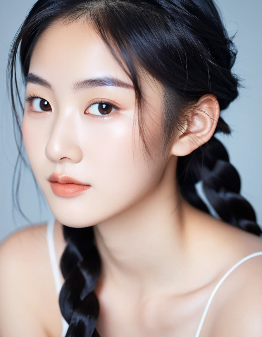 Headshot of a young Asian woman with long braided hair and a serene expression, bare shoulders, wispy strands of hair framing her face, soft lighting, 19 years, porcelain smooth skin, digital photography style, looking to the camera, high contrast edits, minimally retouched, bright background, Best Quality,