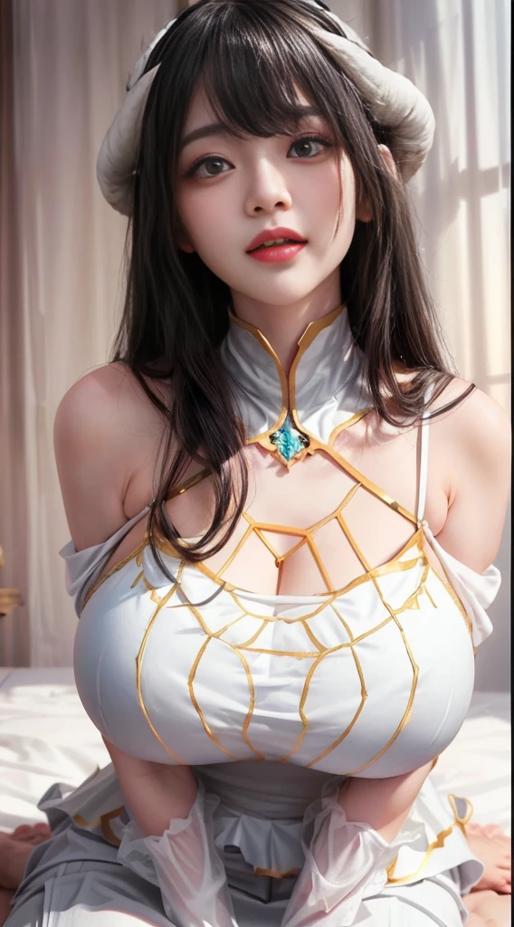 (((albedo \(the good\), white horns, demonic horns, Pupil of the slit,White dress, long skirt,Black wings, Feathered wings,black color hair,Golden pupils,Fashionab))),((tmasterpiece)),A high resolution, ((Best quality at best)),tmasterpiece,top-quality,Best quality,((( exquisite facial features,looking at viewert,There is light in the eyes,Smilingly,Self-confident ))),(((Light and shadow interlace,huge boob,Lop,Protruding nipples))),(((araf asian woman posing, Looking up from the bottom,face flushed,an sexy,sit on a bed,with her mouth open、Put your arms behind your head、)), horns