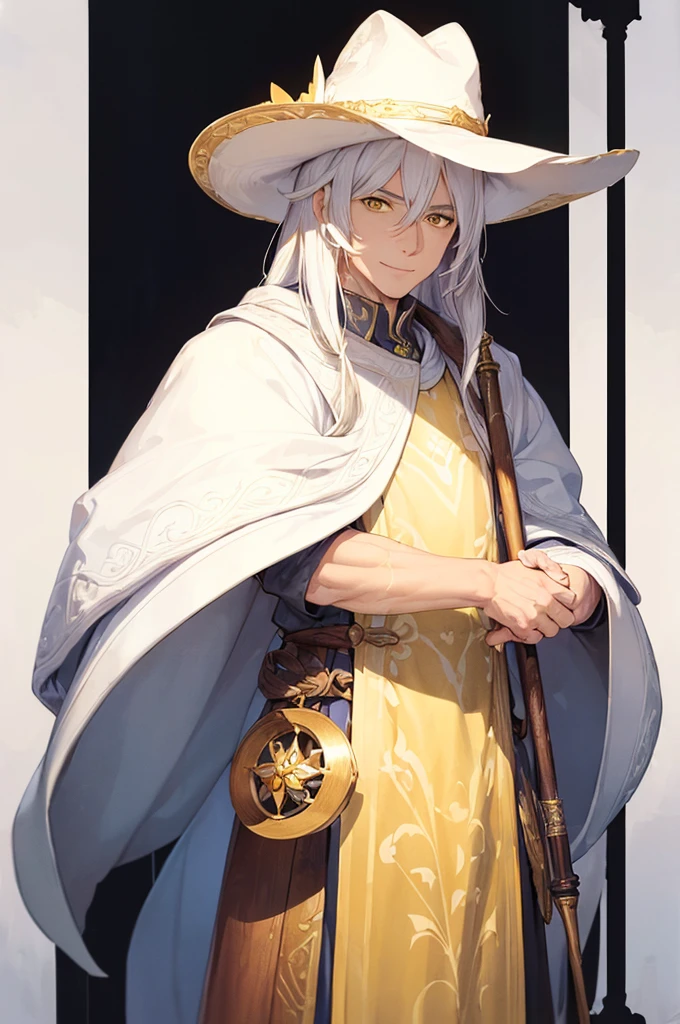 (masterpiece; best quality: 1.2), (finely detailed eyes: 1.3), ((70 year old man)), ((solo)), (yellow eyes: 1.4), (body; lean, old, masculine: 1.3), (long white hair: 1.3), (beautiful and clear background: 1.2), ((depth of field)), (equipment: traveler mage robes + pointed hat: 1.3), (anime illustration: 1.2), (background composition; palace garden exterior: 1.1), (extremely fine and handsome: 1.1), (shot composition; standing + centered on torso + close-up: 1.5), (expression; calm, smile: 1.2)