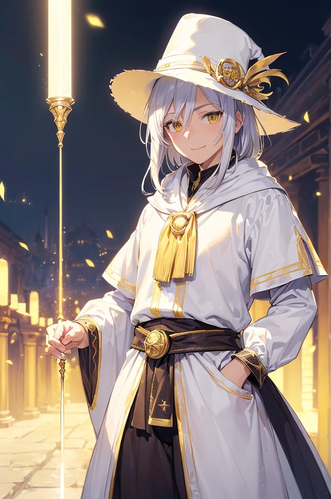 (masterpiece; best quality: 1.2), (finely detailed eyes: 1.3), ((70 year old man)), ((solo)), (yellow eyes: 1.4), (body; lean, old, masculine: 1.3), (long white hair: 1.3), (beautiful and clear background: 1.2), ((depth of field)), (equipment: traveler mage robes + pointed hat: 1.3), (anime illustration: 1.2), (background composition; palace garden exterior: 1.1), (extremely fine and handsome: 1.1), (shot composition; standing + centered on torso + close-up: 1.5), (expression; calm, smile: 1.2)