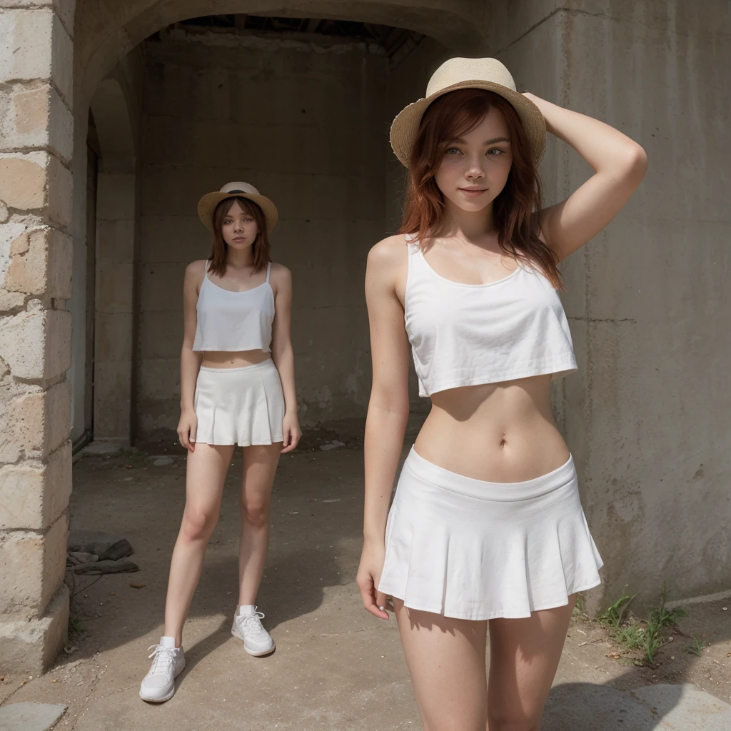 18-year-old girl similar to Chloë Grace Moretz, smiling, waist-length red hair, disheveled and disheveled, wears white fedora hat, white sleeveless blouse, blue miniskirt, tennis shoes, no socks, tight clothing, poses on ruins, probably part of A pre-Hispanic construction, it is completely exposed to the sun without any shade. intense direct sunlight, super realistic, clear sky, perfect body, correct proportions and perspectives, masterpiece, realistic photo, natural lighting from direct sunlight, outdoors