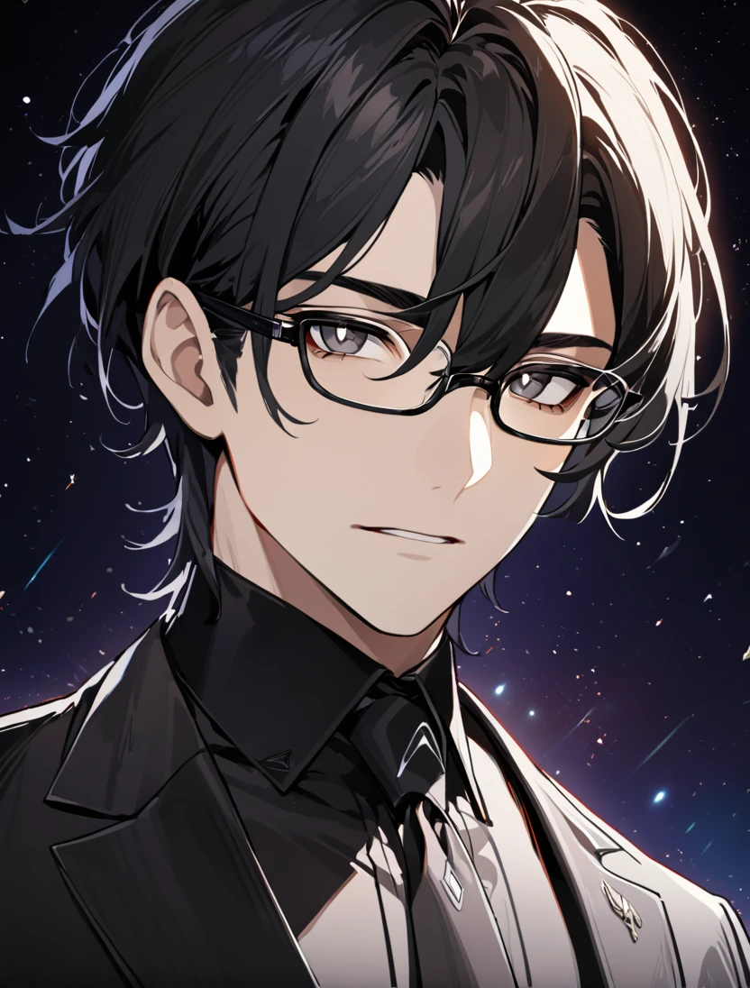 (black_hair), (long_male_hair), (black_eyes), (high_detailed_eyes), (attractive), (emotionless), (Deep_space_background), (male), (wearing _a_black_suit), (long_male_hair), (detailed_Hair), (detailed), (detailed_mouth), (close_up), (vertical_slit_pupils), (Handsome), (glasses)