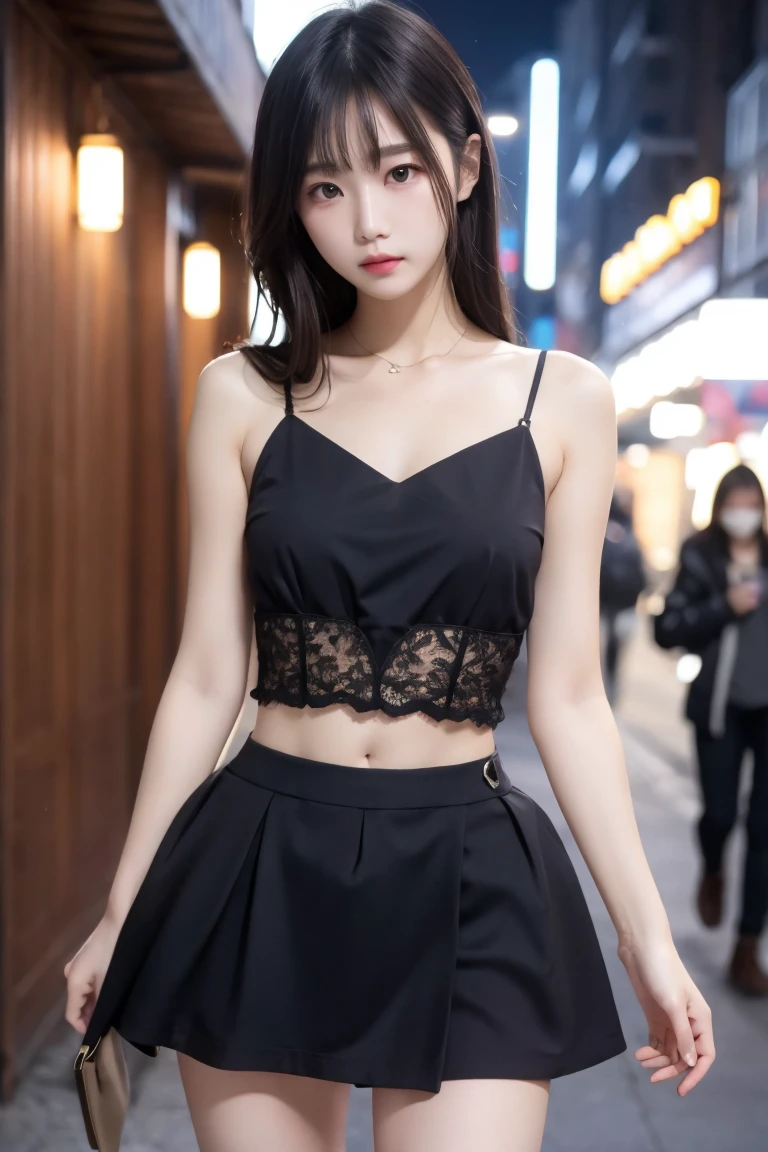 (highest quality,masterpiece:1.3,Ultra-high resolution),(Very detailed,8k),(Realistic:1.4,RAW shooting)。Above-the-knee screen、Blurred Background、Looking at the audience、A shy smile、young woman、Twin tails。camisole、belly button。City of night。Night view。