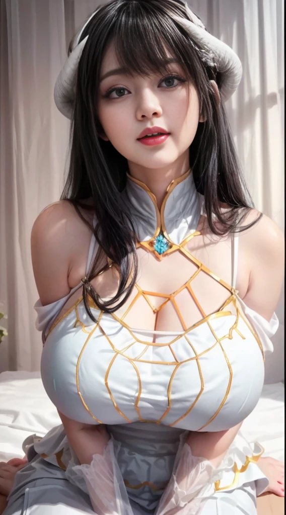 (((albedo \(the good\), white horns, demonic horns, Pupil of the slit,White dress, long skirt,Black wings, Feathered wings,black color hair,Golden pupils,Fashionab))),((tmasterpiece)),A high resolution, ((Best quality at best)),tmasterpiece,top-quality,Best quality,((( exquisite facial features,looking at viewert,There is light in the eyes,Smilingly,Self-confident ))),(((Light and shadow interlace,huge boob,Lop,Protruding nipples))),(((araf asian woman posing, Looking up from the bottom,face flushed,an sexy,sit on a bed,with her mouth open、Put your arms behind your head、)), horns