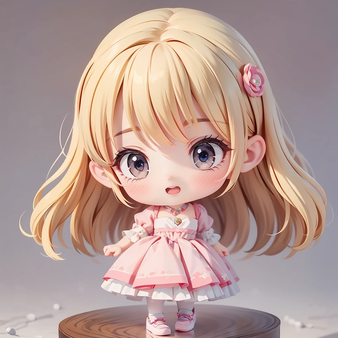 Super Chibi Character:1.8、Wearing cute shoes、background:simple、Blonde Hair、Cute 7 year old girl、pink cinderella dress、Jumping with joy:1.8、Expressive