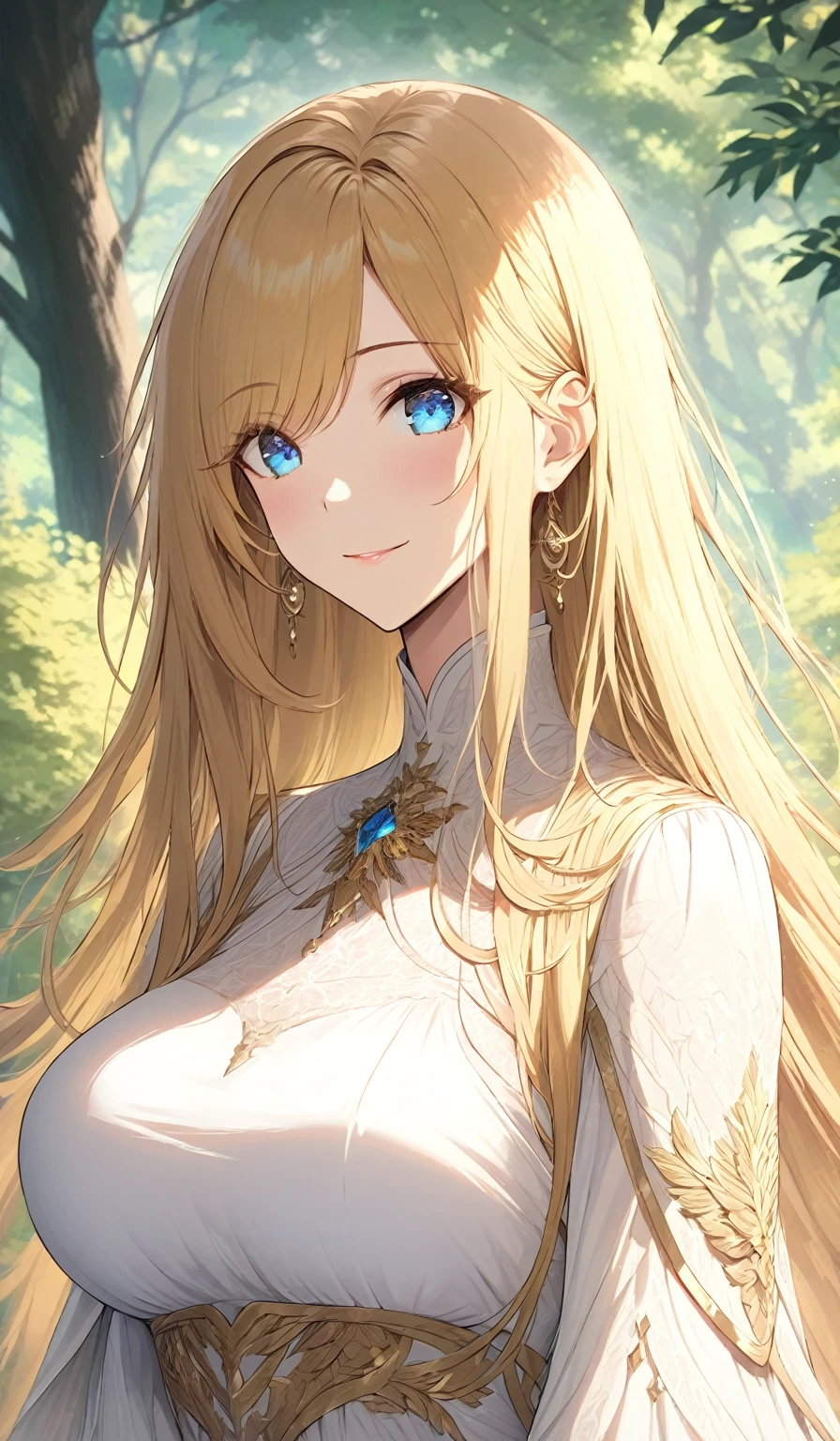 Masterpiece, very detailed, ultra detailed, one, (1 woman), she is in a simple white dress with gold details, long hair, straight hair, golden hair and red strands, parting on the sides, beautiful, charming, bright blue eyes, elegant, large breasts, calm smile, charming, against the background of nature and trees.