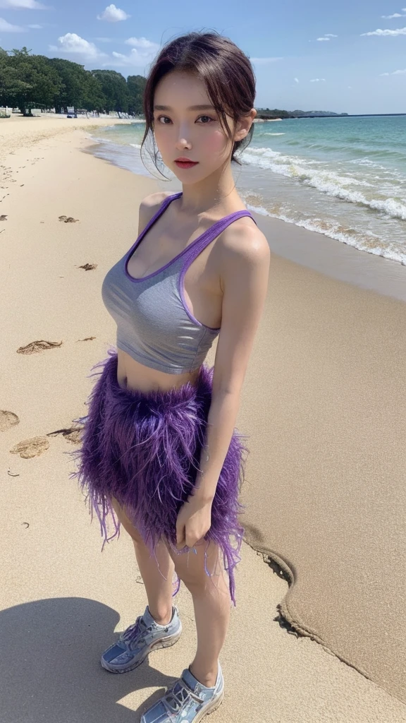(lifelike, high resolution:1.3), close up,Chinese beauty walking on the beach,Short hair that fades from blonde to dark purple,Wearing a top with complex mechanical arm sleeves,Deep and focused eyes,Full body shot,Every detail of the clothing is like flowing liquid metal,Transparent geometric shapes are scattered around,Create a fashionable scene that is both modern and beyond the norm。