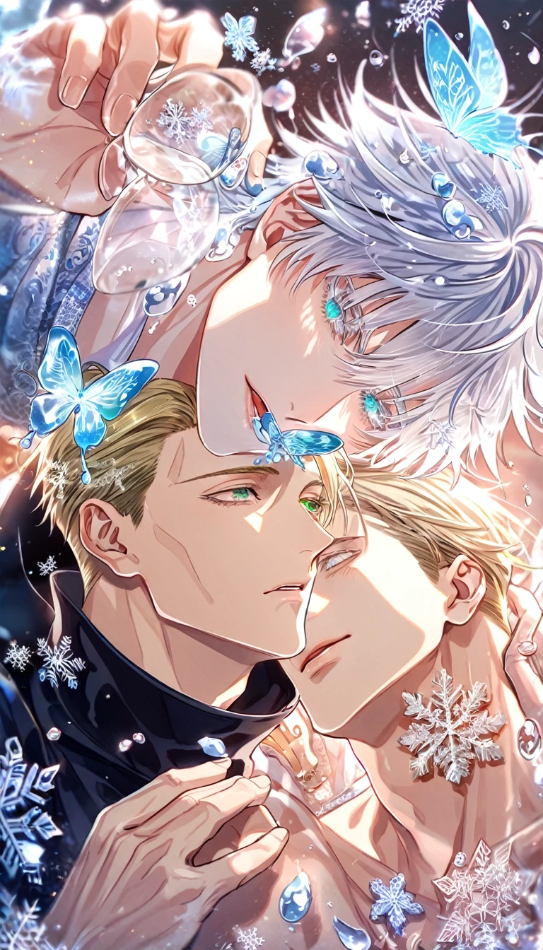 Ultra detailed, HDR, Highres, absurdres, master piece, Nanami Kento, blond hair, expressive green eyes, Gojou Satoru, white hair with bangs, expressive blue eyes, white eyelashes, Jujutsu Kaisen, two sexy man together, gay couple, yaoi, handsome, glass, ice glittering butterflies, ice, petals, pink ice glass flowers, cute, glittering, water, fantasy, magical, snowflakes, cold,