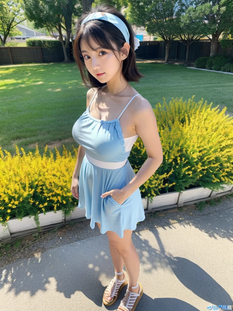 blue sky, Beautiful sky, Daytime view, Blue background, Professional director, Professional Lighting, (Highest quality, 12896k,masterpiece), Very cute small round face, Japanese Idol, Big Breasts, clavicle, White Dress, Ultra HD, (Photorealistic:1.1), RAW Photo, One Girl, Beautiful eyes, Very big breasts and big eyes, Black brown hair, Cute Sunflower Bandana, Are standing, Full body photo