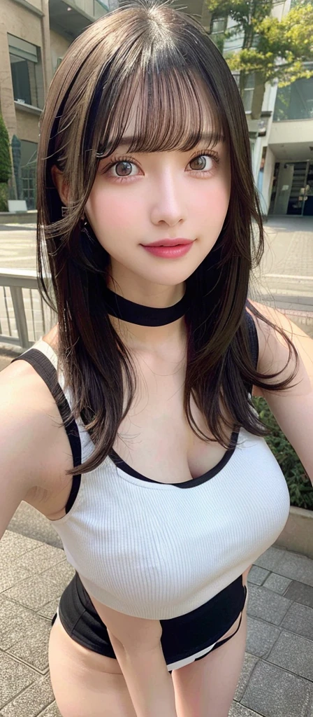 (realistic, high resolution:1.3), (face close up), 1 girl with perfect figure, super fine face and eyes, black hair,medium hair, tank top: 1.2 in random colors, short、skirt, bridge, big breasts, cleavage, choker, smile