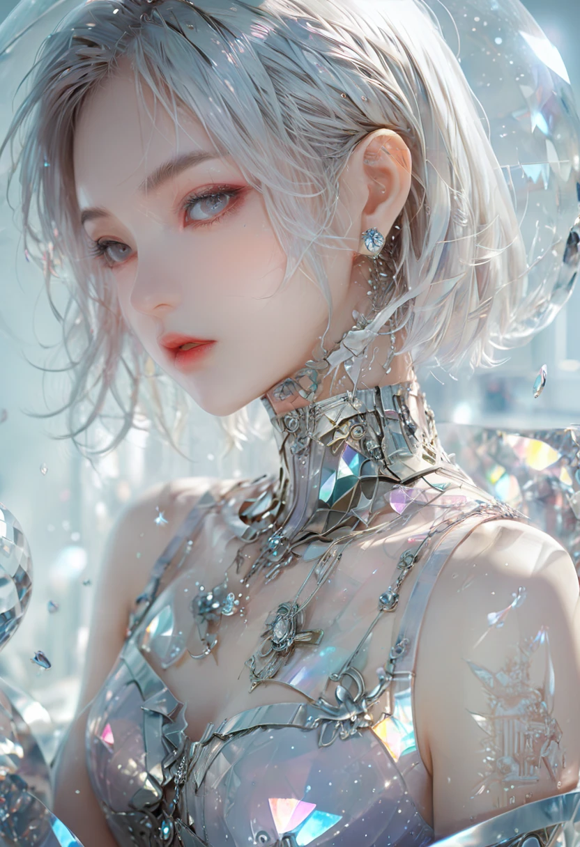 crystal covered, upper body, side shot, alternate color, masterpiece, detailed illustration, realistic, pixiv top quality, exquisite, {{{kawaii 1girl}}}, ultra beauties who fuse with machines, elaborate shabby chic pattern, glitter beautiful female, Half of my body is made of machines, transparent glass body, The machines inside the body are transparent, cinematic lighting, dynamic angle, dynamic pose, crystal world, depth of field