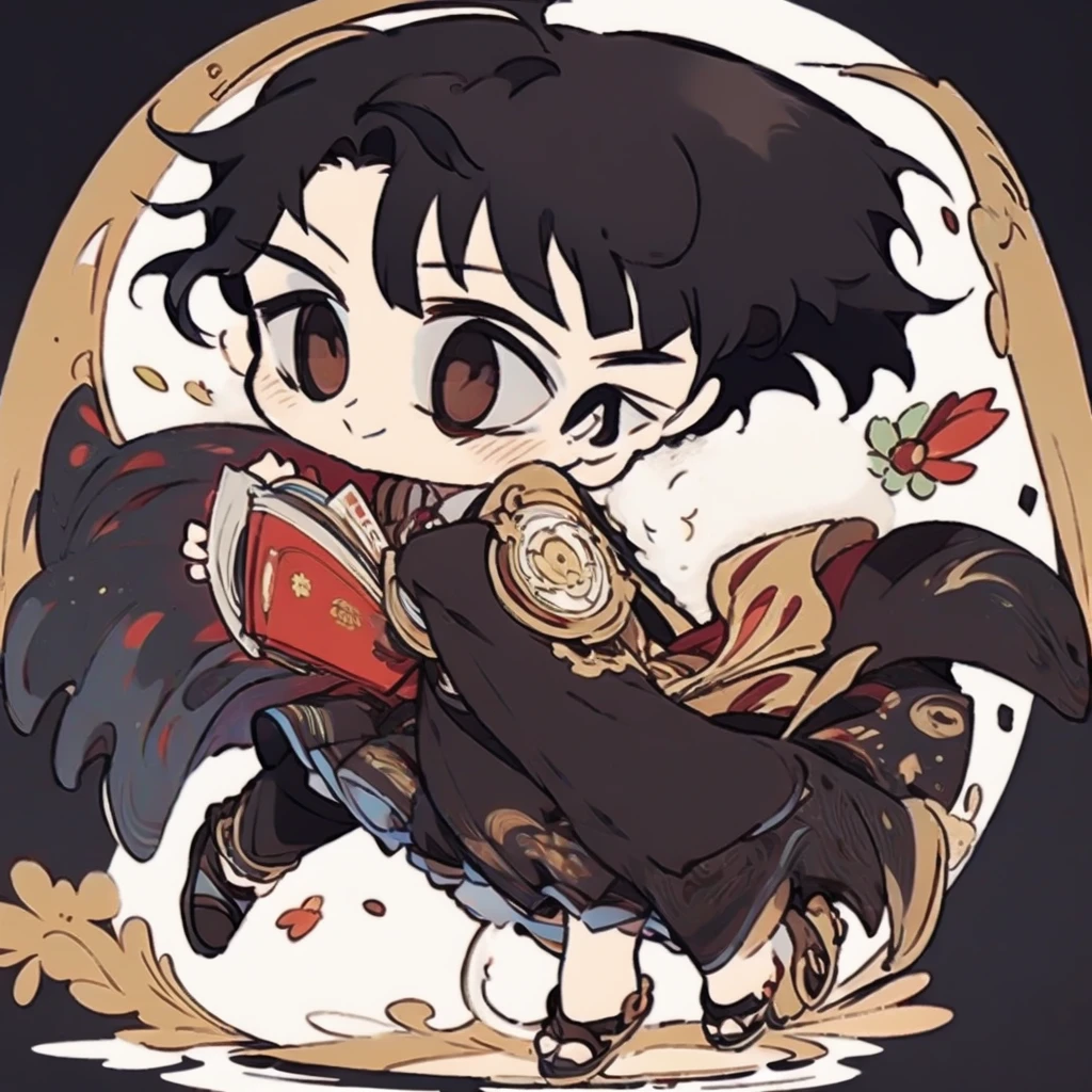 best quality , man , reading , chibi anime man , smile , black hair , suit , solo