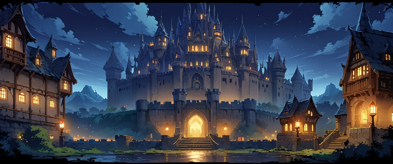 castle，欧洲中世纪的castle，There is a moat around it，Beautiful environment。night，Night view。Mid-ground composition，Panorama pictures，Scene screen，Game concept art style，Anime illustration style，HD，4K。