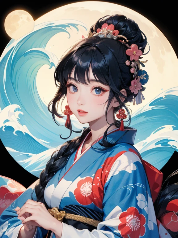 (Highest quality、masterpiece、High resolution、8K)、Ukiyo-e、Vibrant colors、Katsushika Hokusai、1 female、Black hair Japanese topknot、The kimono has a vivid floral pattern on a white background.、White waves and Mt. Fuji、White waves, the moon and a woman、White waves and seagulls、Official Art、背景はUkiyo-e風
