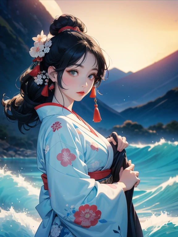 (Highest quality、masterpiece、High resolution、8K)、Ukiyo-e、Vibrant colors、Katsushika Hokusai、1 female、Black hair Japanese topknot、The kimono has a vivid floral pattern on a white background.、White waves and Mt. Fuji、White waves, the moon and a woman、White waves and seagulls、Official Art、背景はUkiyo-e風