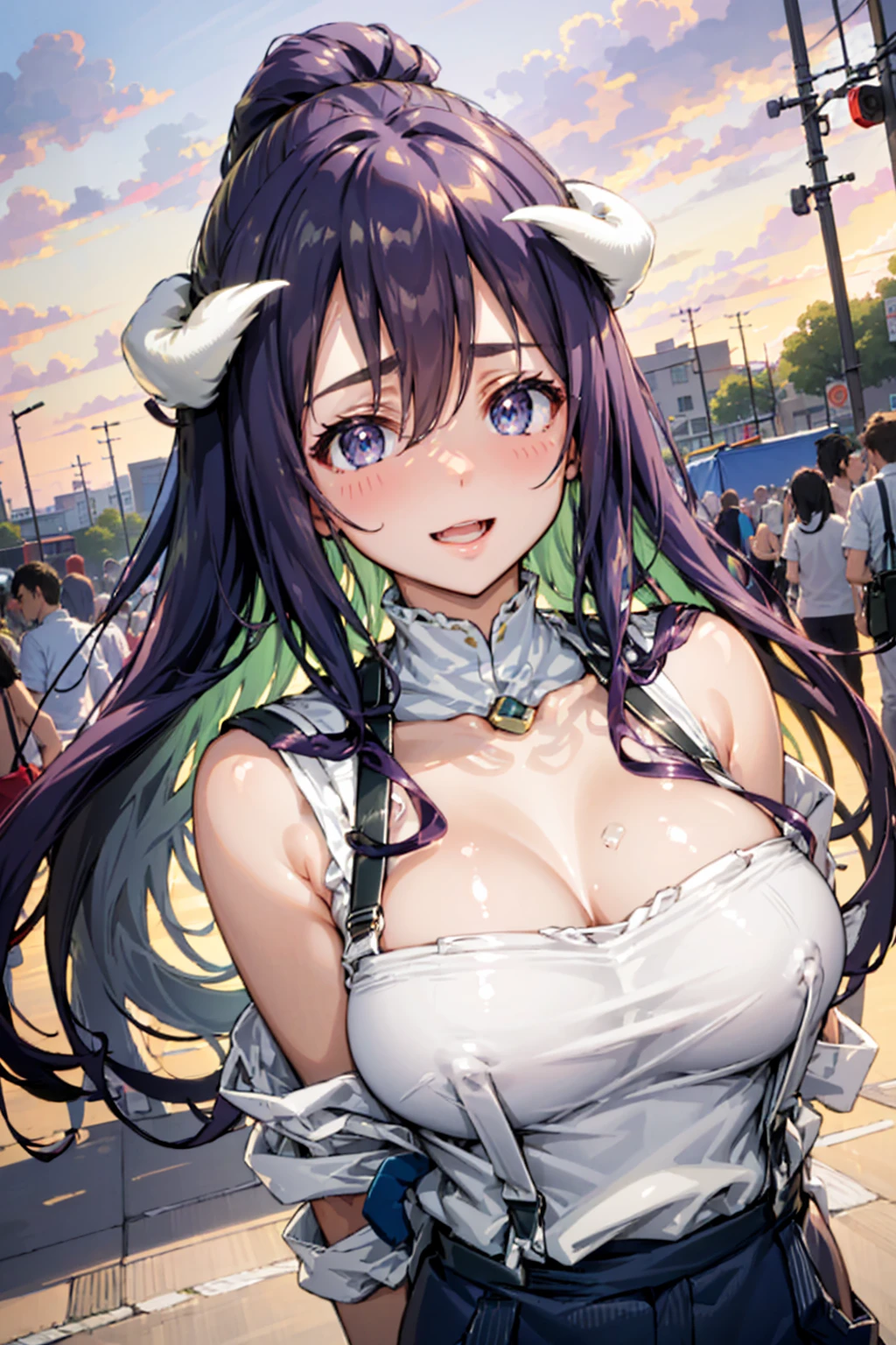 8K quality、quality、on the table、super high image quality、Very detailed、Ultra-realistic hair textures、Colorful beautiful woman、long and beautiful hair、Shiny Heine Hairnet、Ponytail、blue eyes、smooth, Radiant Skin、(((Wearing suspenders)))、Very large、Off-shoulder、laughter、Soft pink lips、Surreal sensory experience、Red cheeks、Summer Day Festival Background