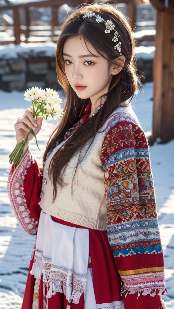 (8K,best quality,masterpiece:1.2),Ultra-high detail,Professional lighting,best quality,Ultra-high resolution,Visually stunning,Character Close-up,A woman holding flowers,Wearing wide sleeves,Her long hair was gently tied up,Revealing the slender neck,Together with the surrounding snow scenery, it creates a tranquil and mysterious atmosphere,Real human skin,(Perfect body 1.3)Super delicate face。