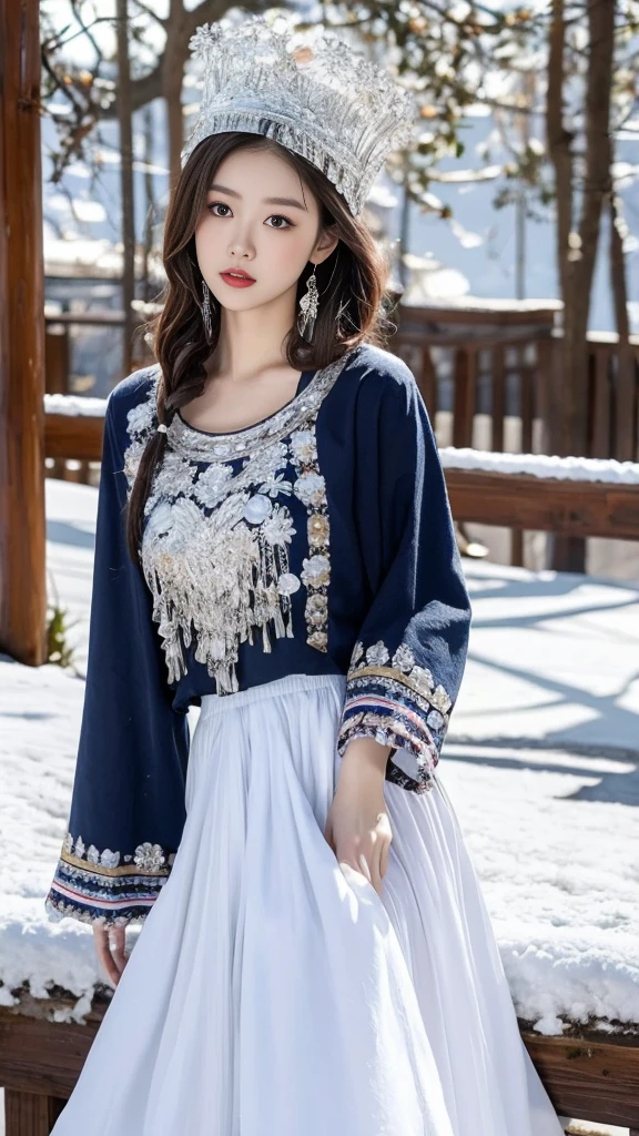 （8K，best quality，masterpiece：1.2），Ultra-high detail，Professional lighting，best quality，Ultra-high resolution，Visually stunning，Character Close-up，A woman holding flowers，Wearing wide sleeves，Her long hair was gently tied up，Revealing the slender neck，Together with the surrounding snow scenery, it creates a tranquil and mysterious atmosphere，Real human skin，（Perfect body 1.3）Super delicate face。
