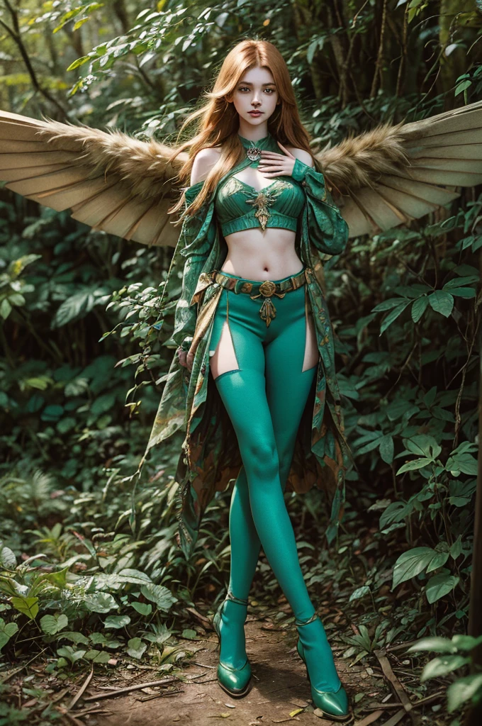 ((masterpiece, best quality, extremely detailed, solo, full body)) angel ,goddess, feathers, wings, red hair, green eyes
