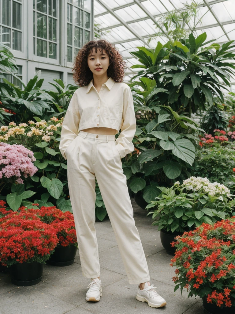 her name is Asako, high quality, 1girl, ((20-year-old fit Caucasian woman)), ((20 years old)), ((slim)), ((Korean Perm)), pose: standing, wearing trendsetting Generation-Z modern wear different colored, BACKGROUND: "Inside the Conservatory of Flowers, amidst lush tropical plants and vibrant blooms."