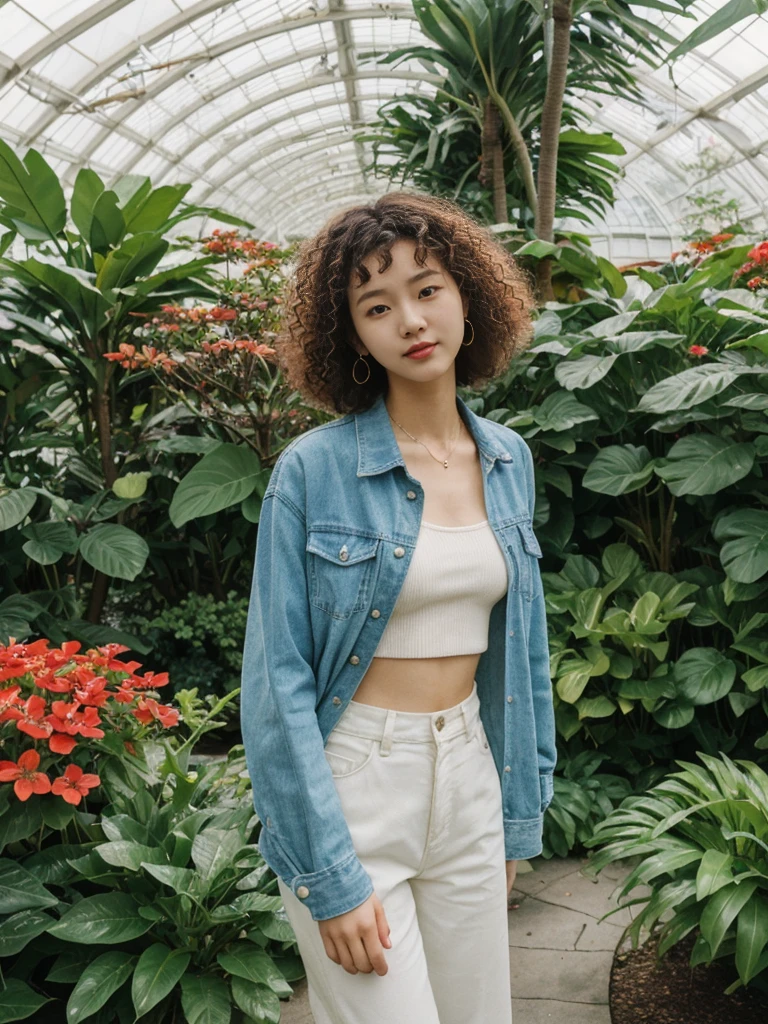 her name is Asako, high quality, 1girl, ((20-year-old fit Caucasian woman)), ((20 years old)), ((slim)), ((Korean Perm)), pose: standing, wearing trendsetting Generation-Z modern wear different colored, BACKGROUND: "Inside the Conservatory of Flowers, amidst lush tropical plants and vibrant blooms."