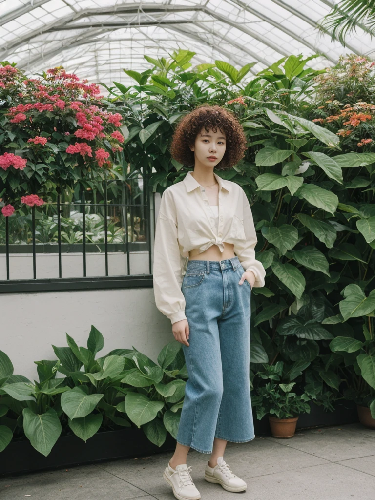 her name is Asako, high quality, 1girl, ((20-year-old fit Caucasian woman)), ((20 years old)), ((slim)), ((Korean Perm)), pose: standing, wearing trendsetting Generation-Z modern wear different colored, BACKGROUND: "Inside the Conservatory of Flowers, amidst lush tropical plants and vibrant blooms."